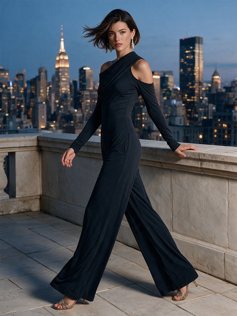 Raffaella | Chic One-Shoulder Black Jumpsuit with Flared Legs