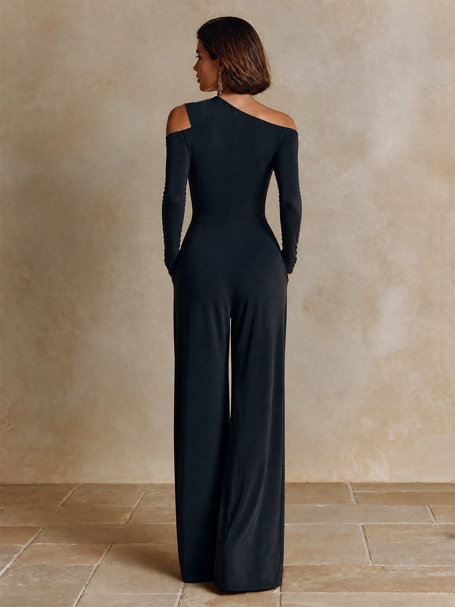 Raffaella | Chic One-Shoulder Black Jumpsuit with Flared Legs