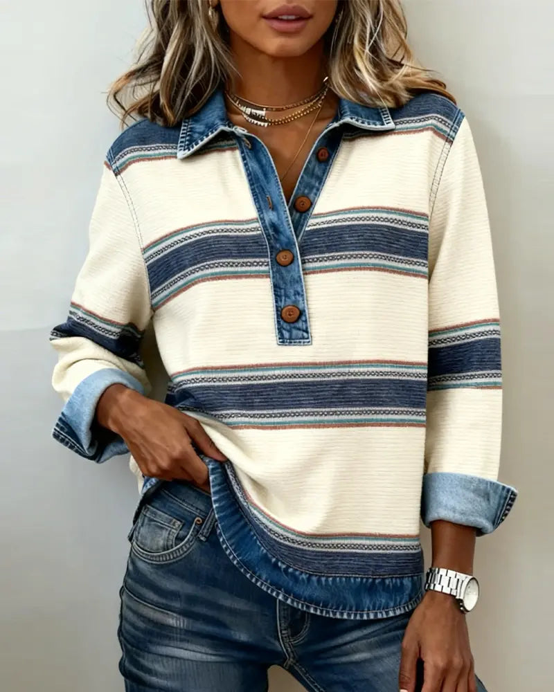 Brinalyne - Sweater with Long Sleeves, Collar, and Color Blocking