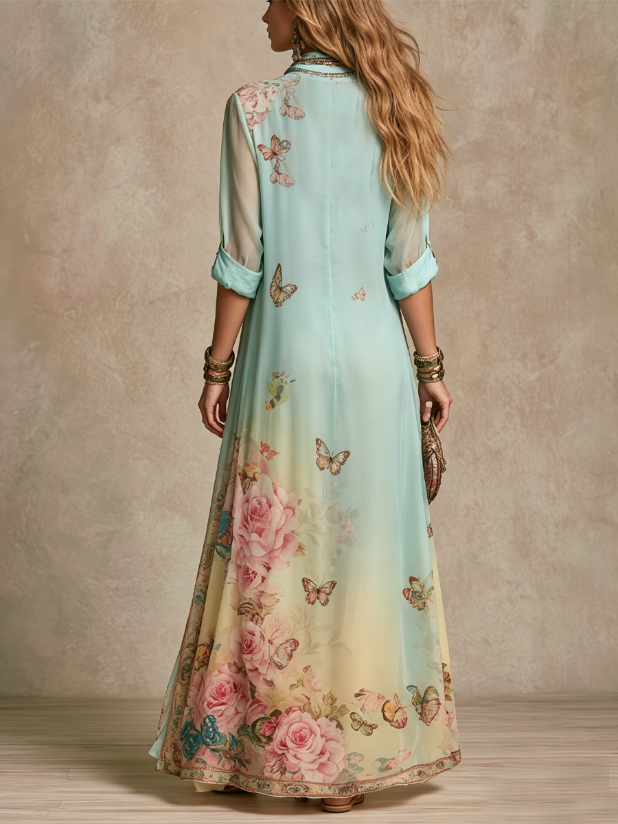 Mónica | Elegant Long Chiffon Dress Featuring Baroque Floral Design