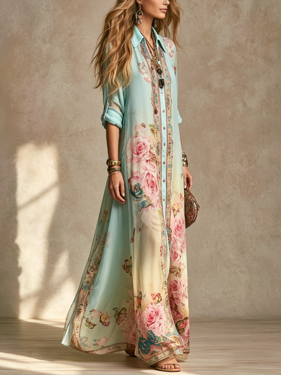 Mónica | Elegant Long Chiffon Dress Featuring Baroque Floral Design