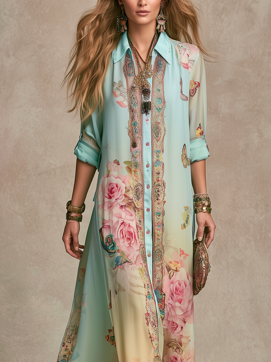 Mónica | Elegant Long Chiffon Dress Featuring Baroque Floral Design
