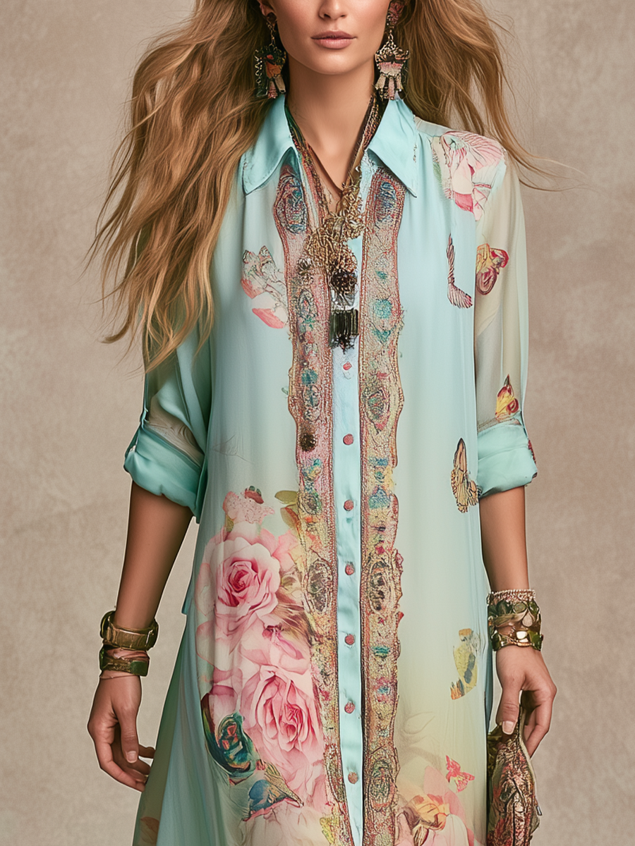 Mónica | Elegant Long Chiffon Dress Featuring Baroque Floral Design