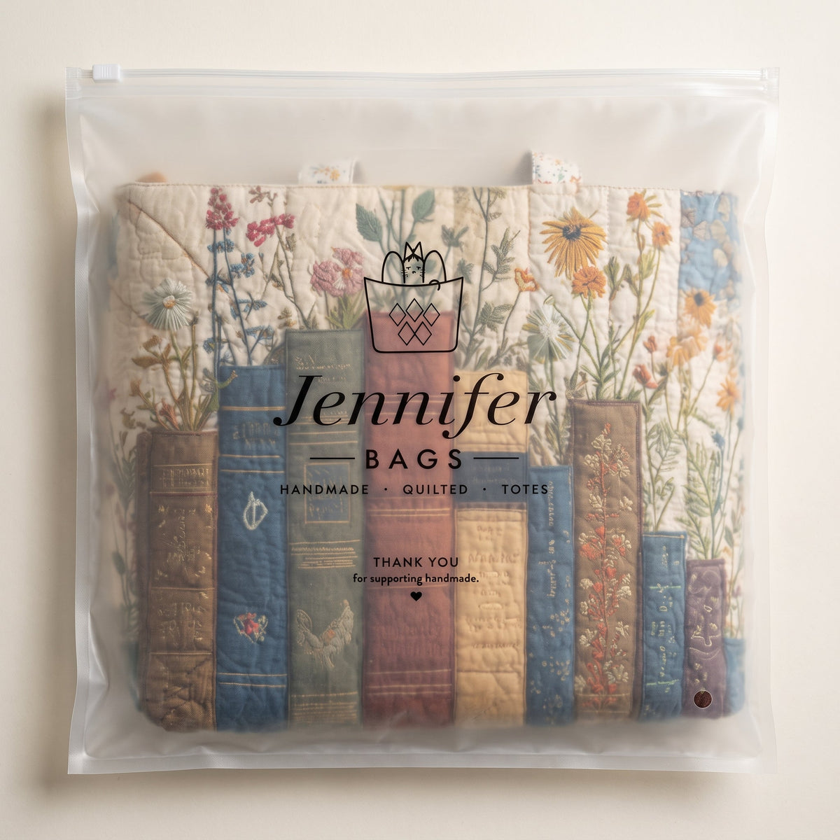 Artisan Quilted Bag - Books and Flowers