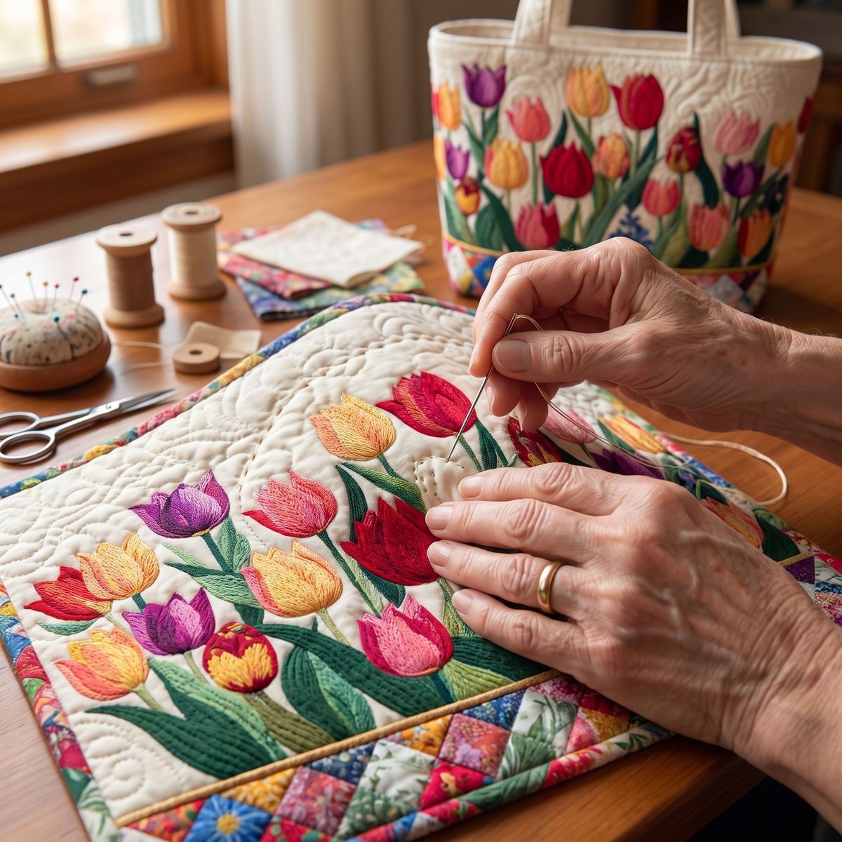 Quilted Tote Bag - Tulip Garden