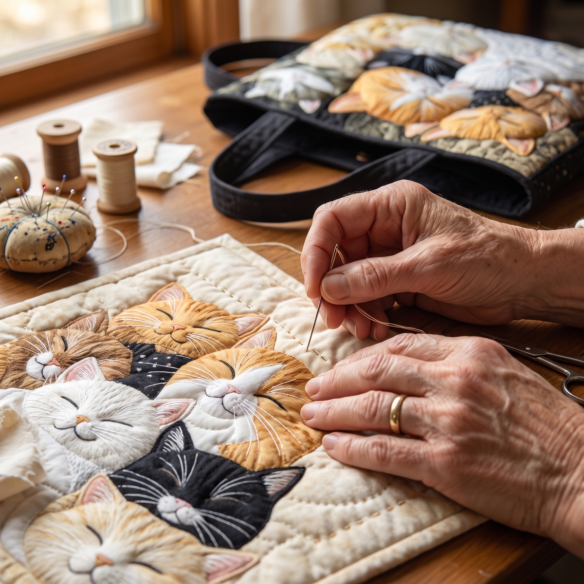 Artisanal Quilted Bag - Sleeping Kittens