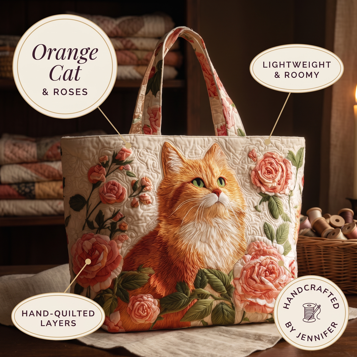 Artisan Bag - Orange Cat with Roses