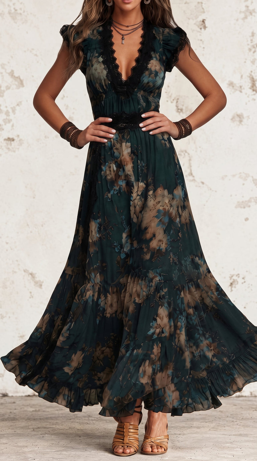 Rosa | Elegant Long Dark Green Chiffon Dress with Vintage Floral Lace