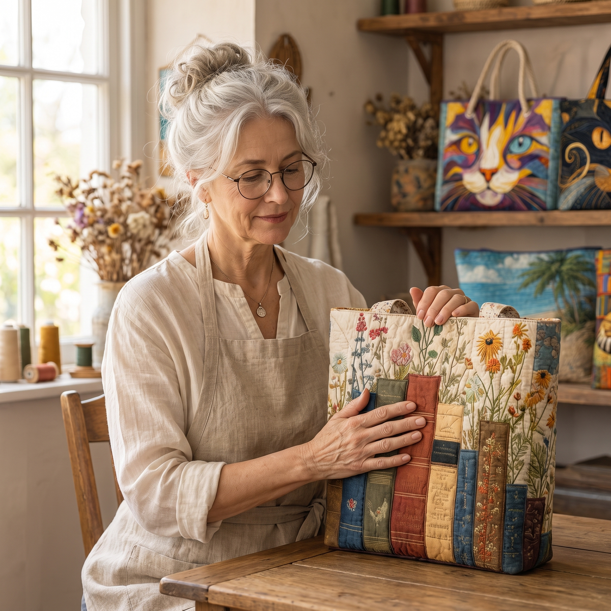 Artisan Quilted Bag - Books and Flowers