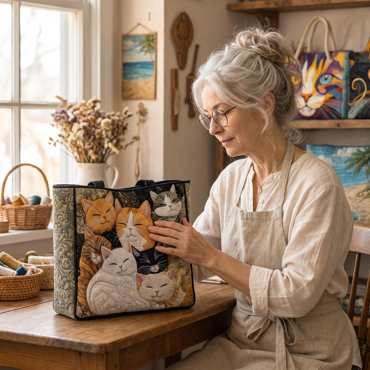 Artisanal Quilted Bag - Sleeping Kittens