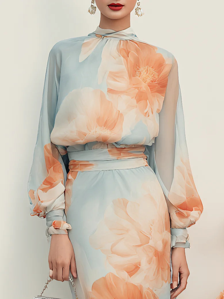 Emilia | High Neck Top and Floral Skirt Two-Piece Set