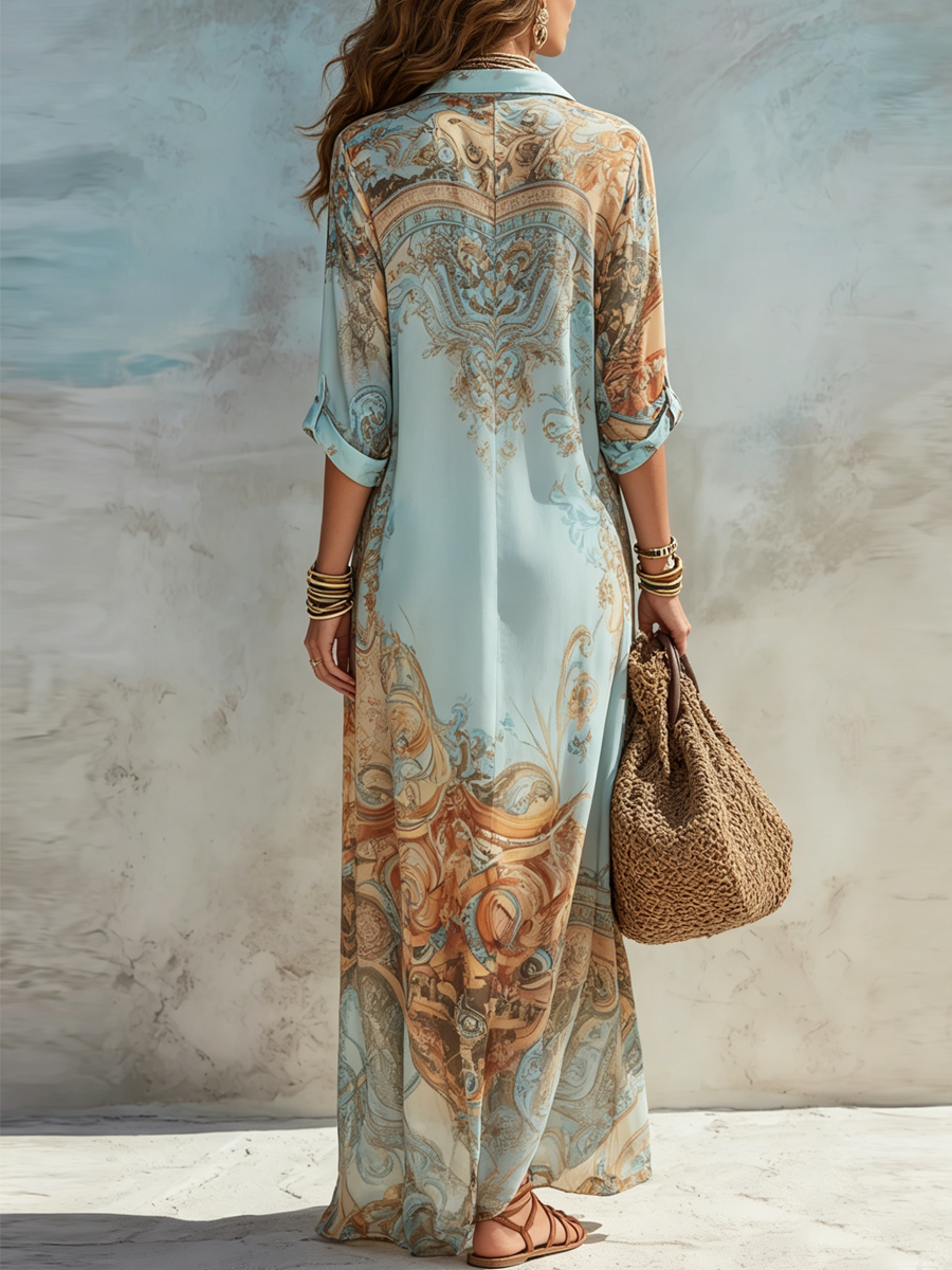Valeria | Floral Print Long Dress in Blue