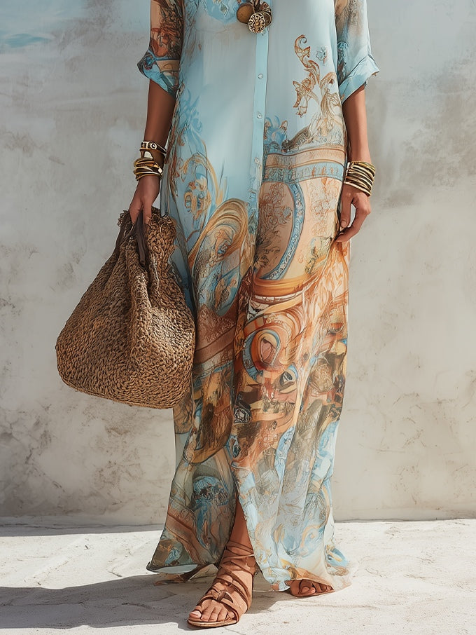 Valeria | Floral Print Long Dress in Blue