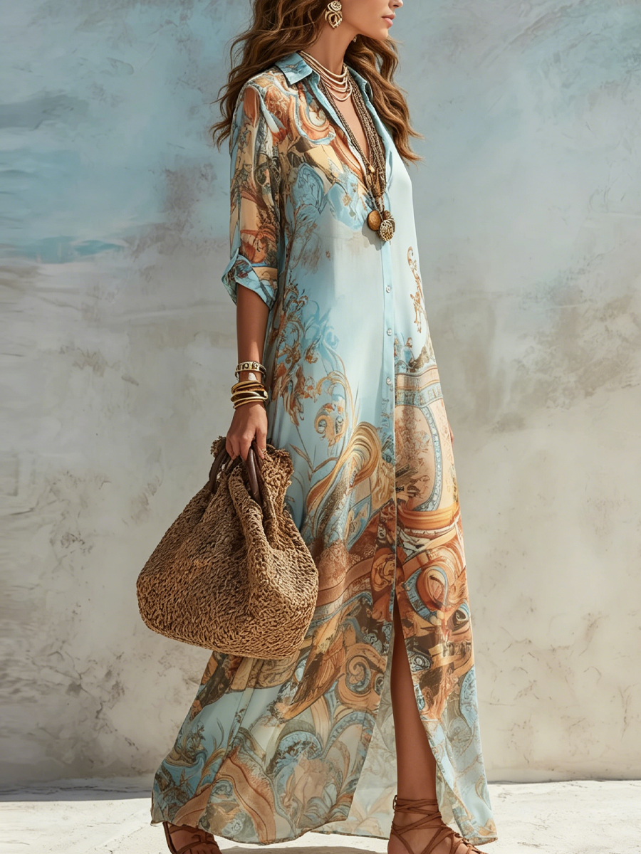 Valeria | Floral Print Long Dress in Blue