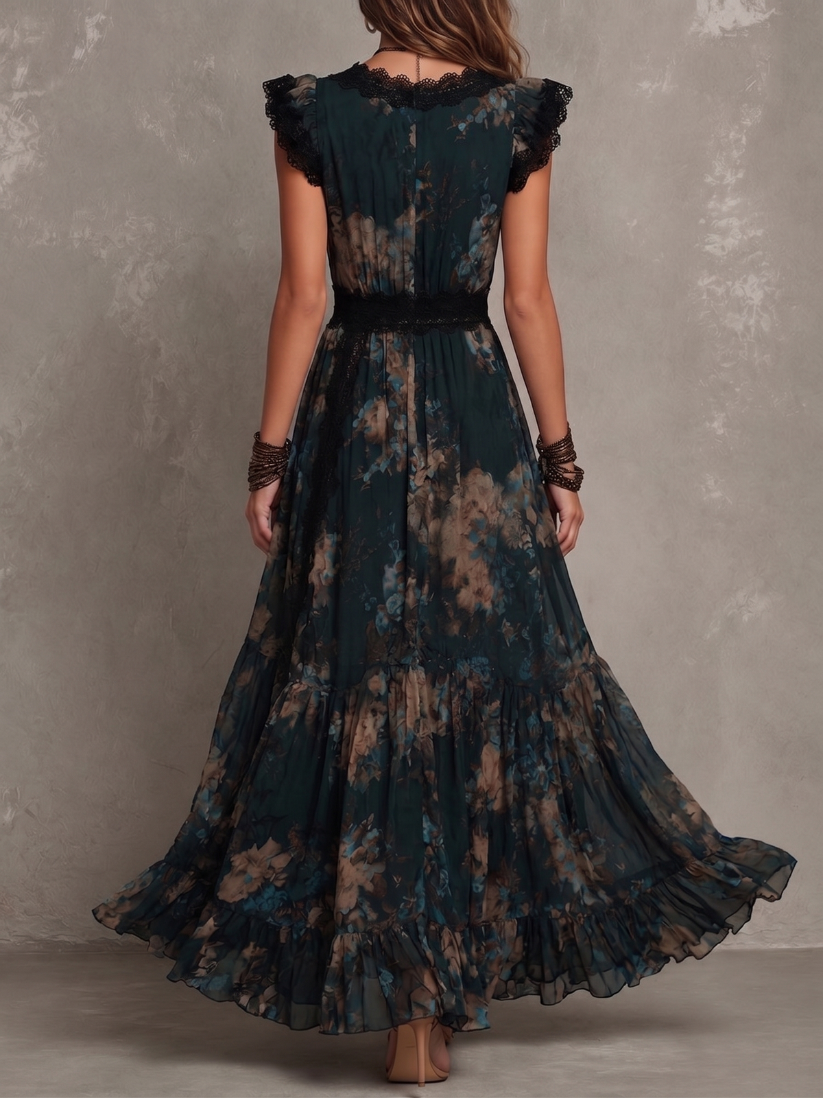 Rosa | Elegant Long Dark Green Chiffon Dress with Vintage Floral Lace