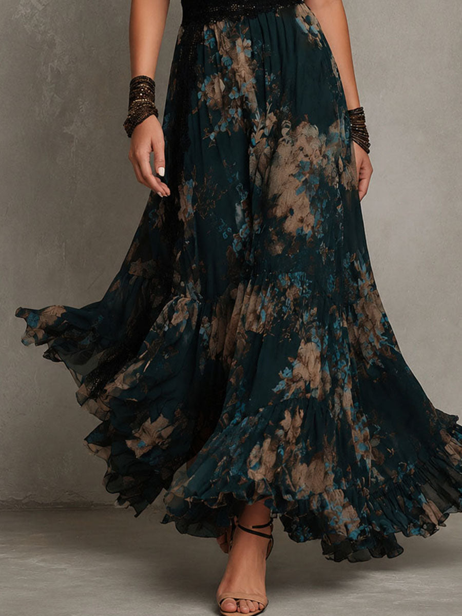 Rosa | Elegant Long Dark Green Chiffon Dress with Vintage Floral Lace