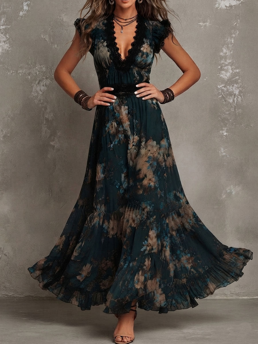 Rosa | Elegant Long Dark Green Chiffon Dress with Vintage Floral Lace