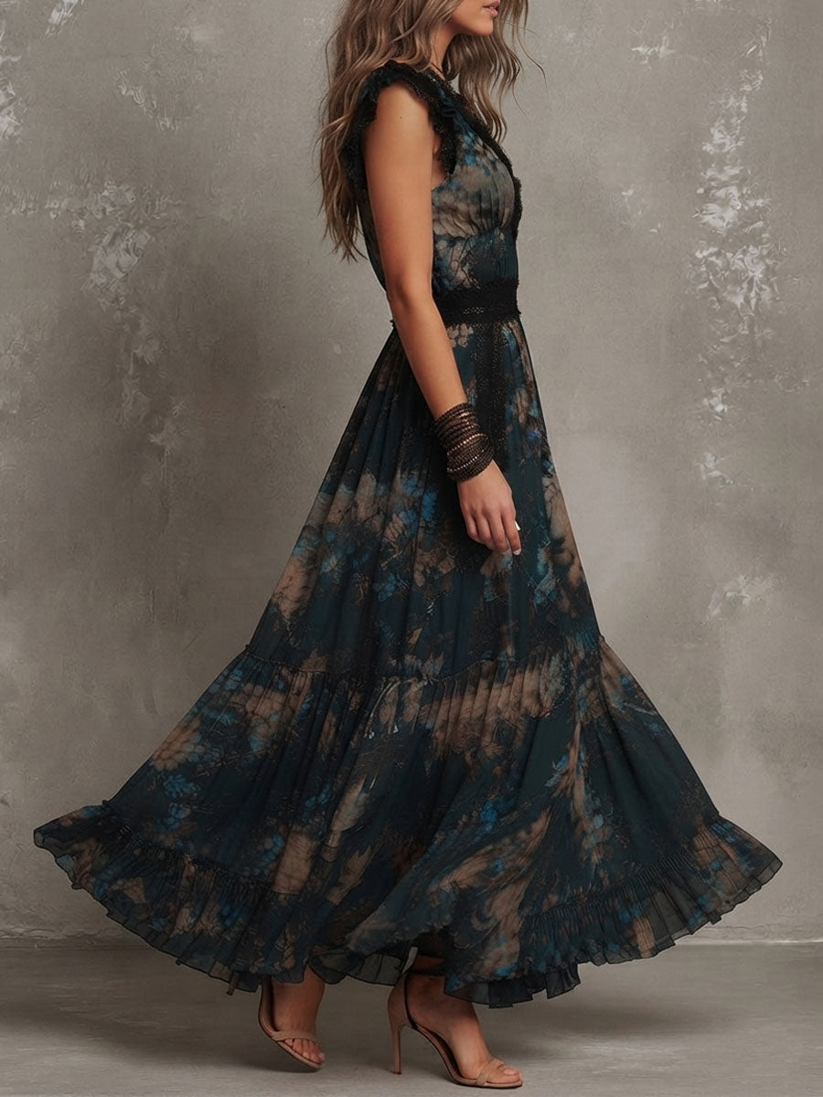 Rosa | Elegant Long Dark Green Chiffon Dress with Vintage Floral Lace