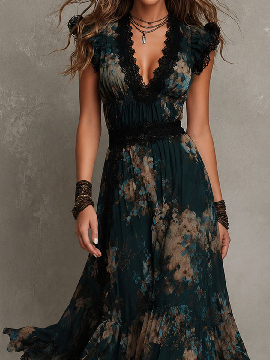 Rosa | Elegant Long Dark Green Chiffon Dress with Vintage Floral Lace