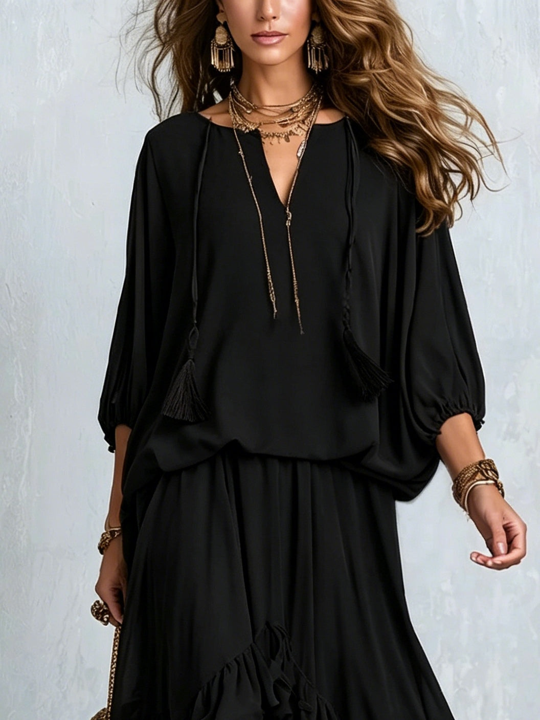 Elvira | Black Chiffon Top with Fringes and Ruffled Skirt - Complete Set