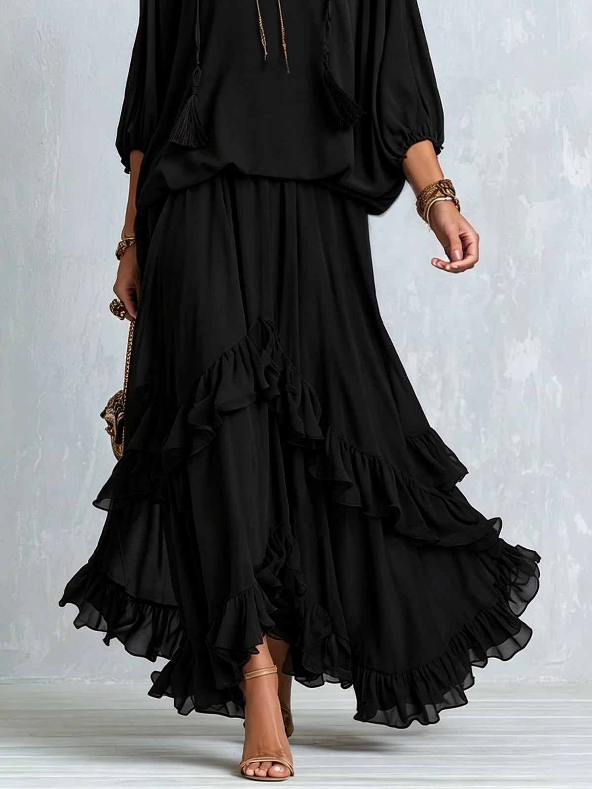 Elvira | Black Chiffon Top with Fringes and Ruffled Skirt - Complete Set
