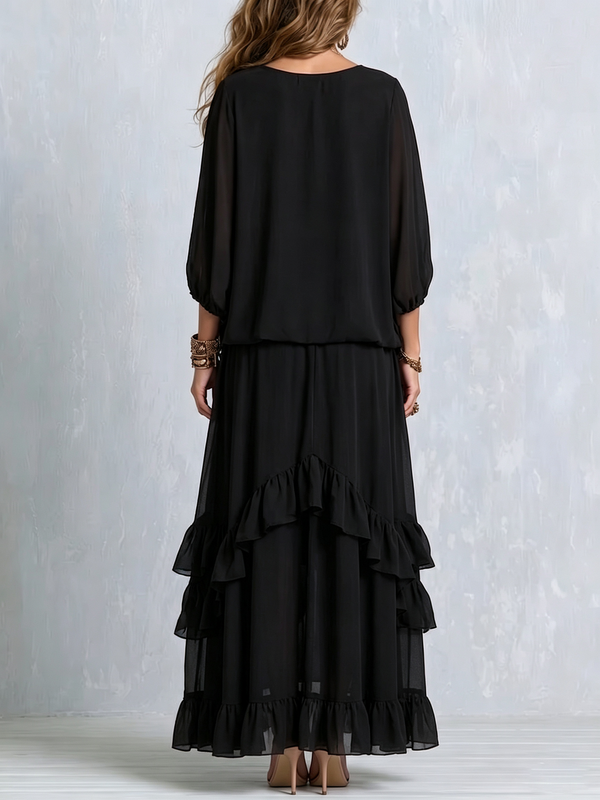 Elvira | Black Chiffon Top with Fringes and Ruffled Skirt - Complete Set