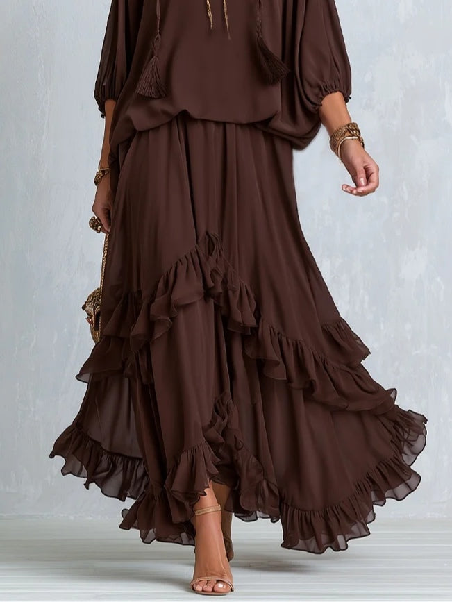 Manuela | Brown Chiffon Top with Fringes and Ruffled Skirt