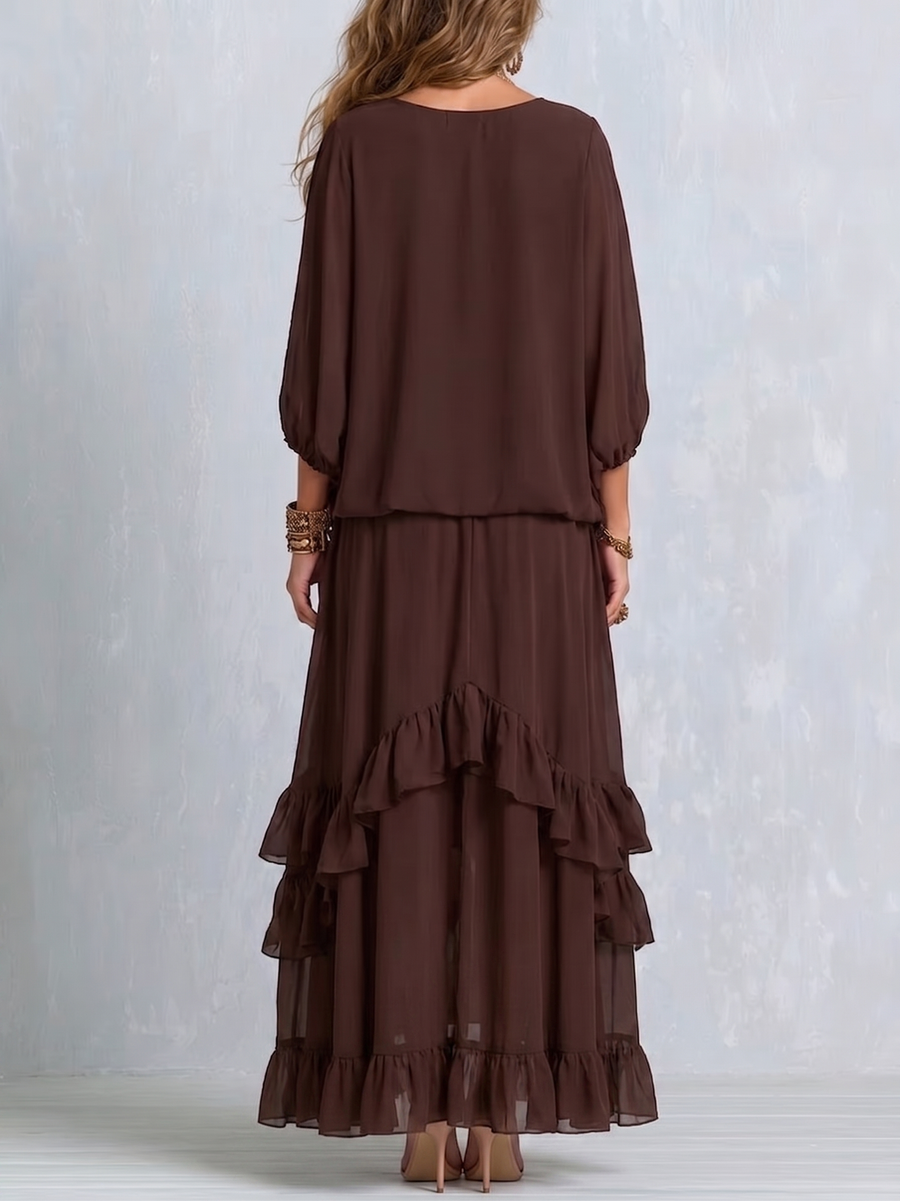 Manuela | Brown Chiffon Top with Fringes and Ruffled Skirt