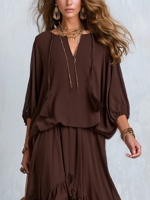 Manuela | Brown Chiffon Top with Fringes and Ruffled Skirt