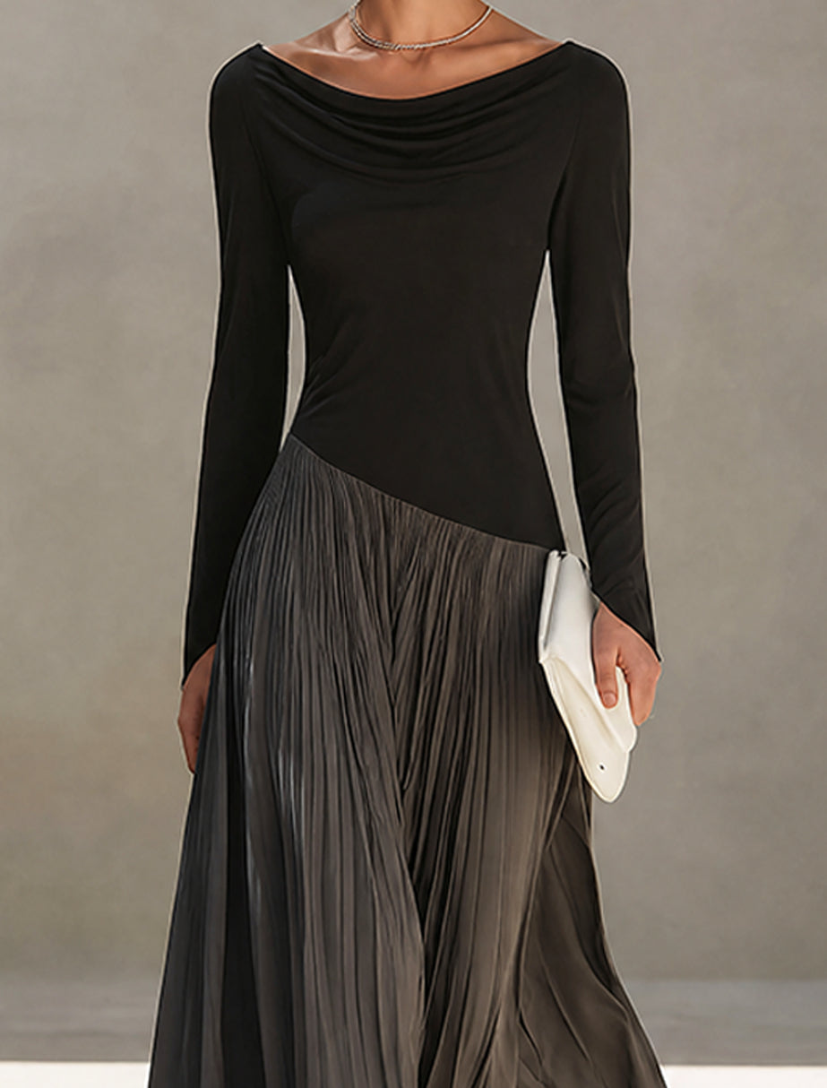 Marina | Black and Gray Long Pleated Dress with Draped Neckline