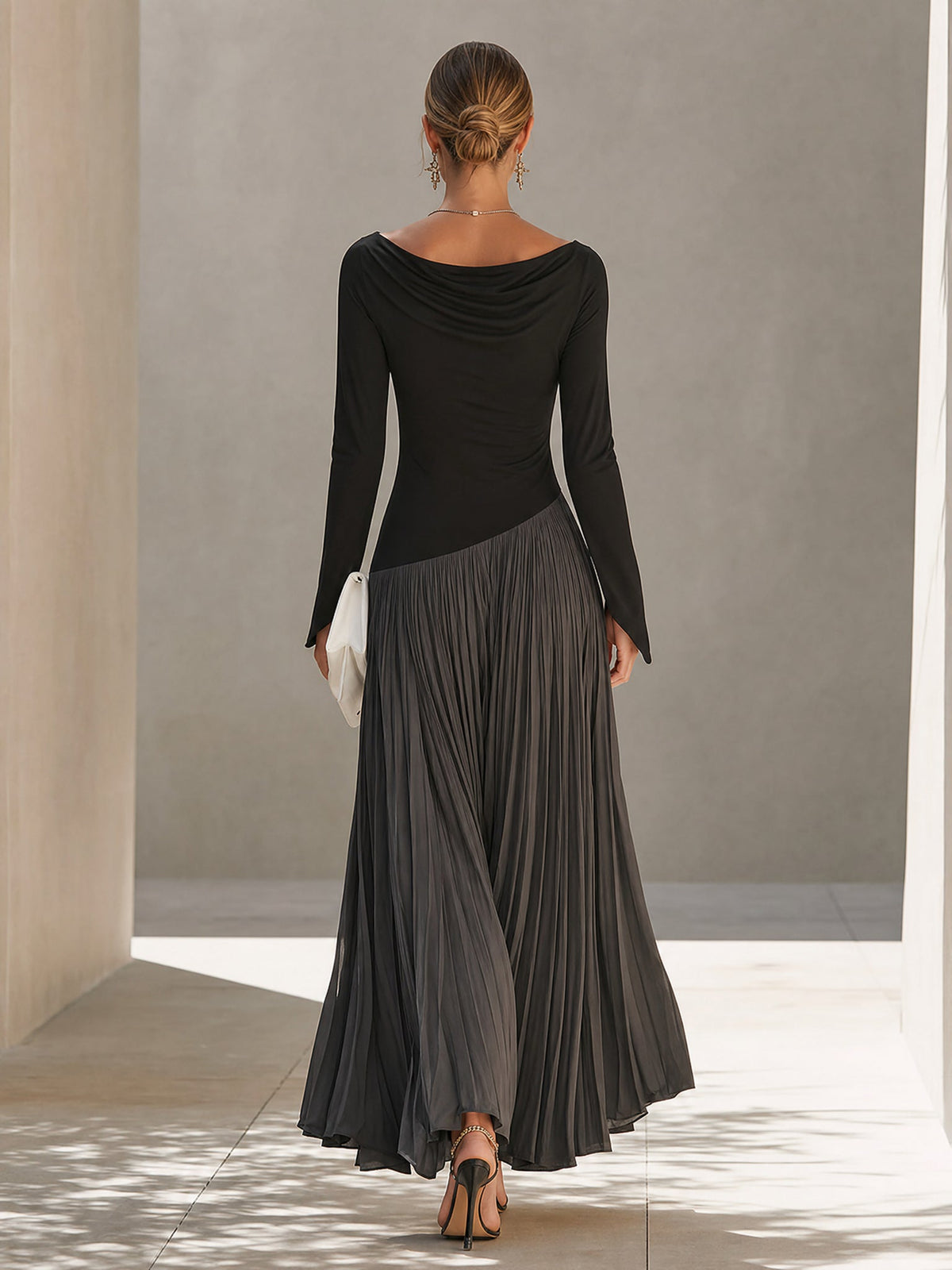 Marina | Black and Gray Long Pleated Dress with Draped Neckline