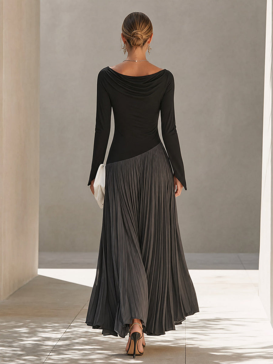 Marina | Black and Gray Long Pleated Dress with Draped Neckline