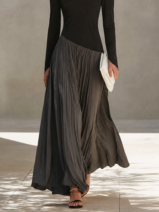 Marina | Black and Gray Long Pleated Dress with Draped Neckline