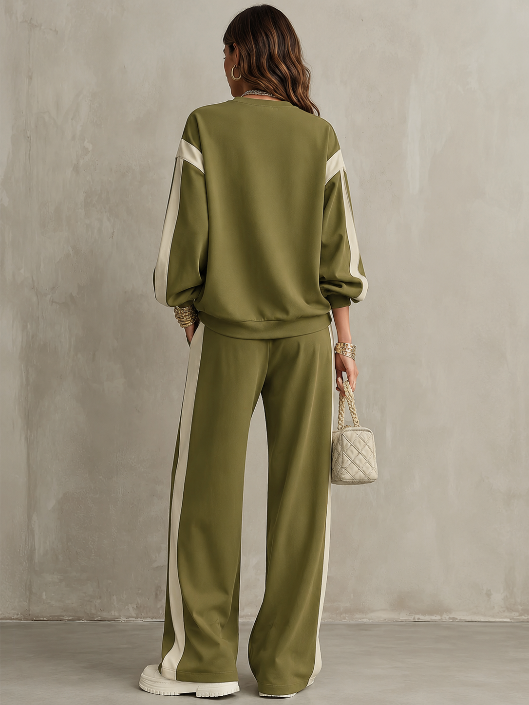 Sonia | Olive Green Complete Sweatshirt Set with Drawstring Wide Pants