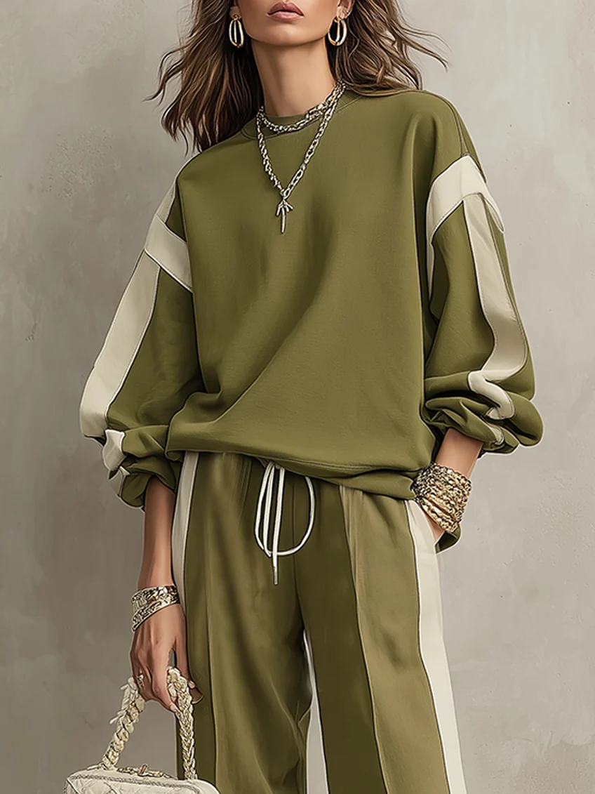 Sonia | Olive Green Complete Sweatshirt Set with Drawstring Wide Pants