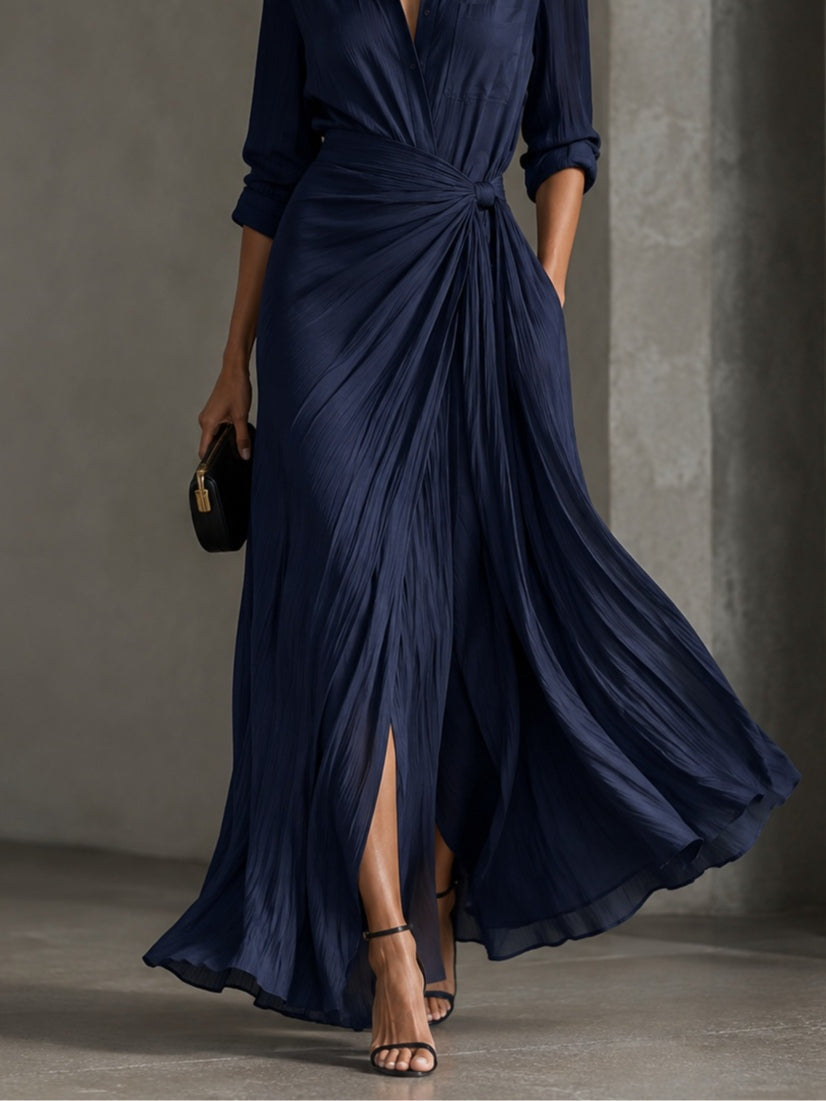 Gabriella | Navy Blue Long Shirt Dress with Waist Tie