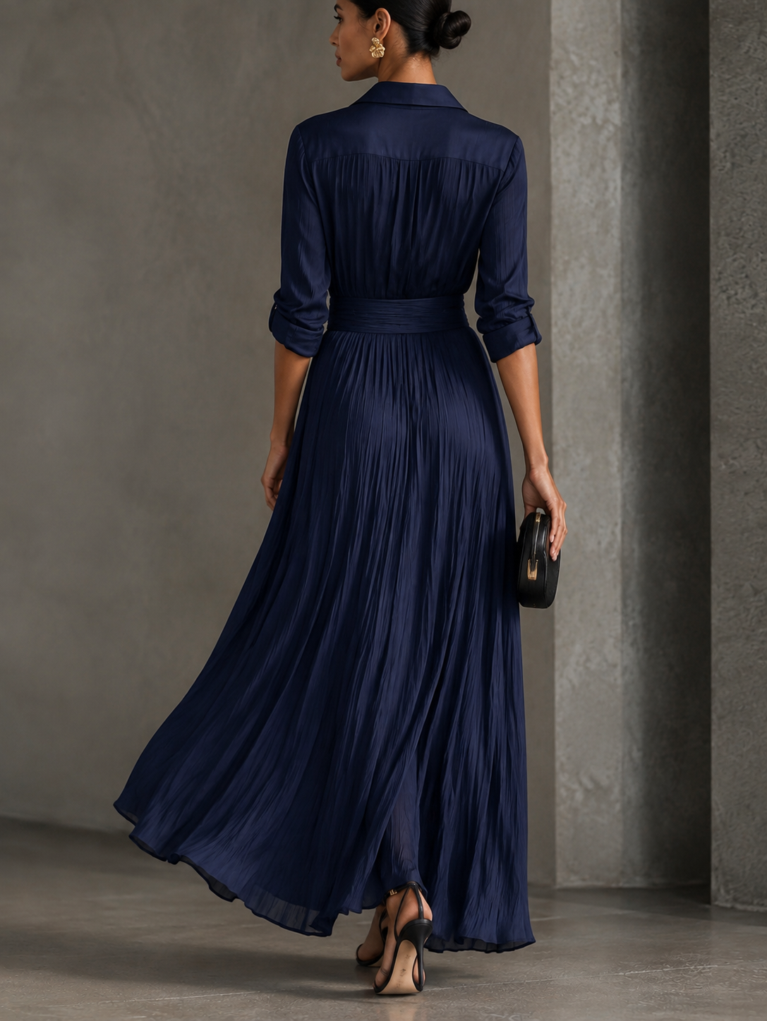 Gabriella | Navy Blue Long Shirt Dress with Waist Tie