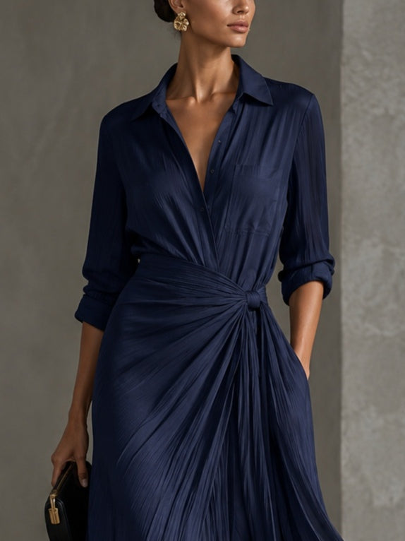 Gabriella | Navy Blue Long Shirt Dress with Waist Tie