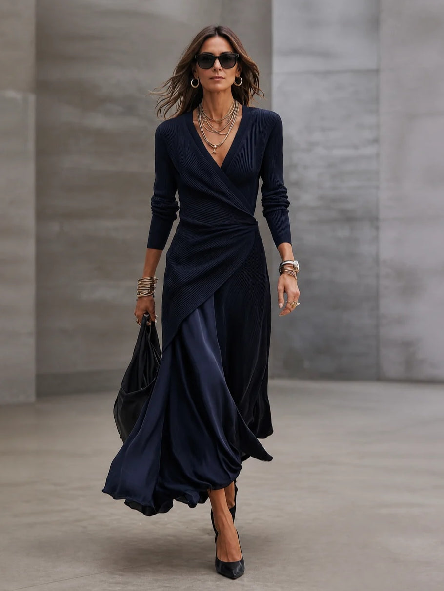 Lorena | V-Neck Asymmetrical Long Dress with Navy Blue Satin Accents