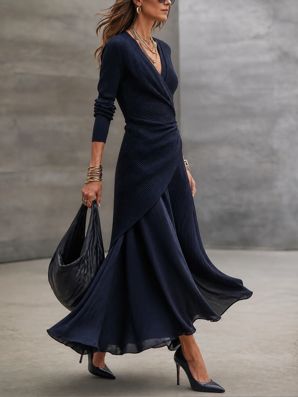 Lorena | V-Neck Asymmetrical Long Dress with Navy Blue Satin Accents