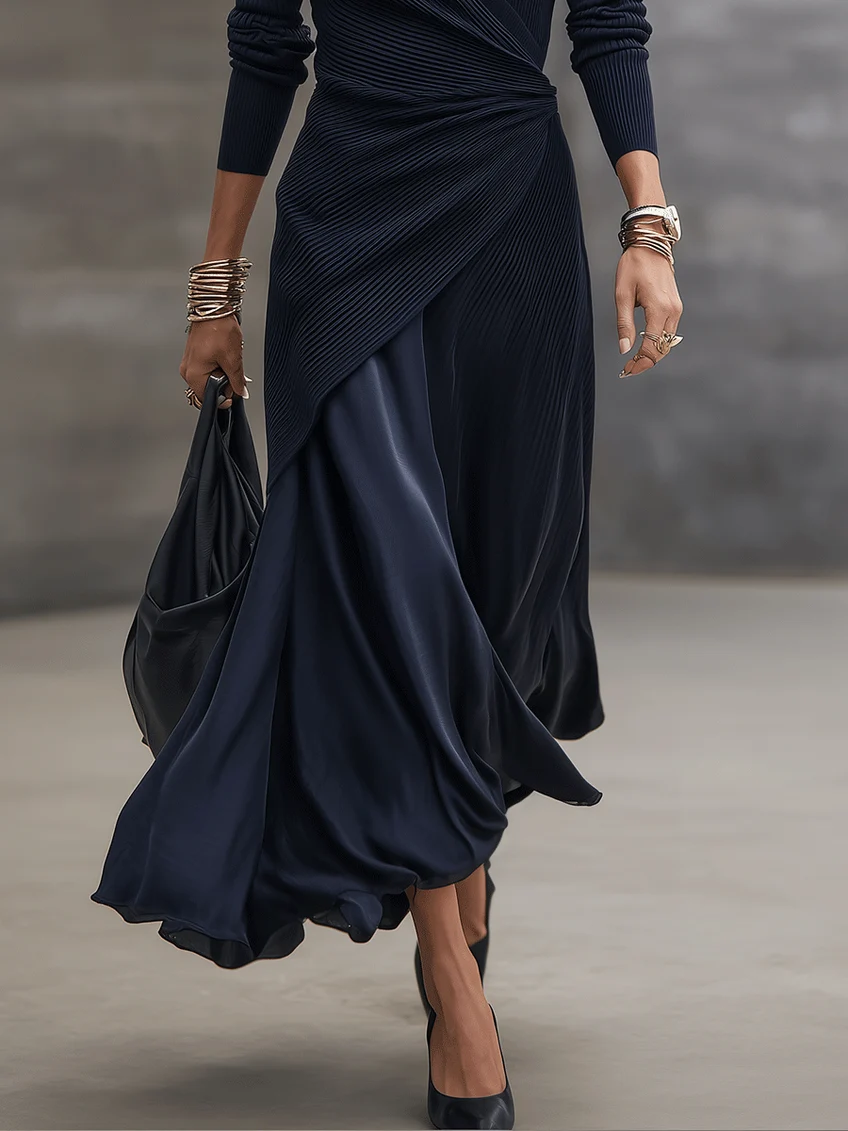 Lorena | V-Neck Asymmetrical Long Dress with Navy Blue Satin Accents