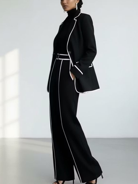 Claudia | Black Blazer and Wide-Leg Pants Set with Contrast Trim