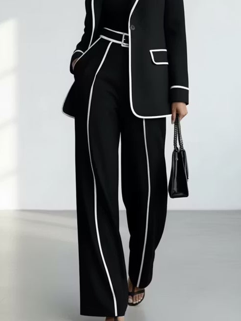 Claudia | Black Blazer and Wide-Leg Pants Set with Contrast Trim