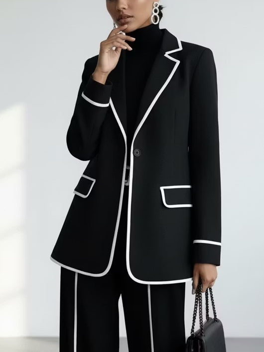 Claudia | Black Blazer and Wide-Leg Pants Set with Contrast Trim