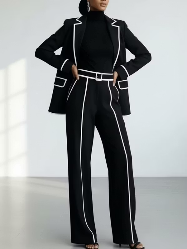 Claudia | Black Blazer and Wide-Leg Pants Set with Contrast Trim