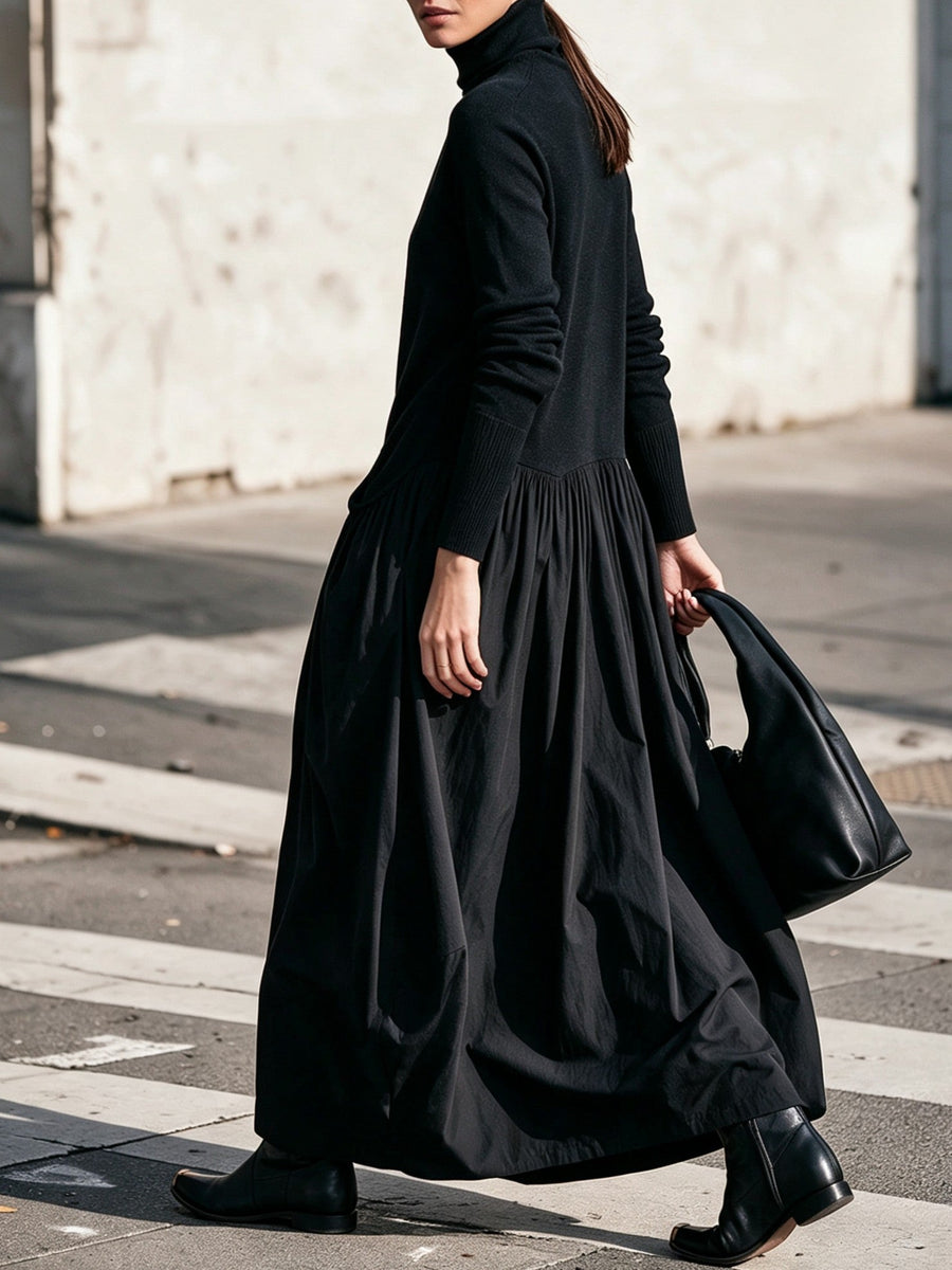 Ana | Oversized Black Maxi Dress with High Collar and Pockets