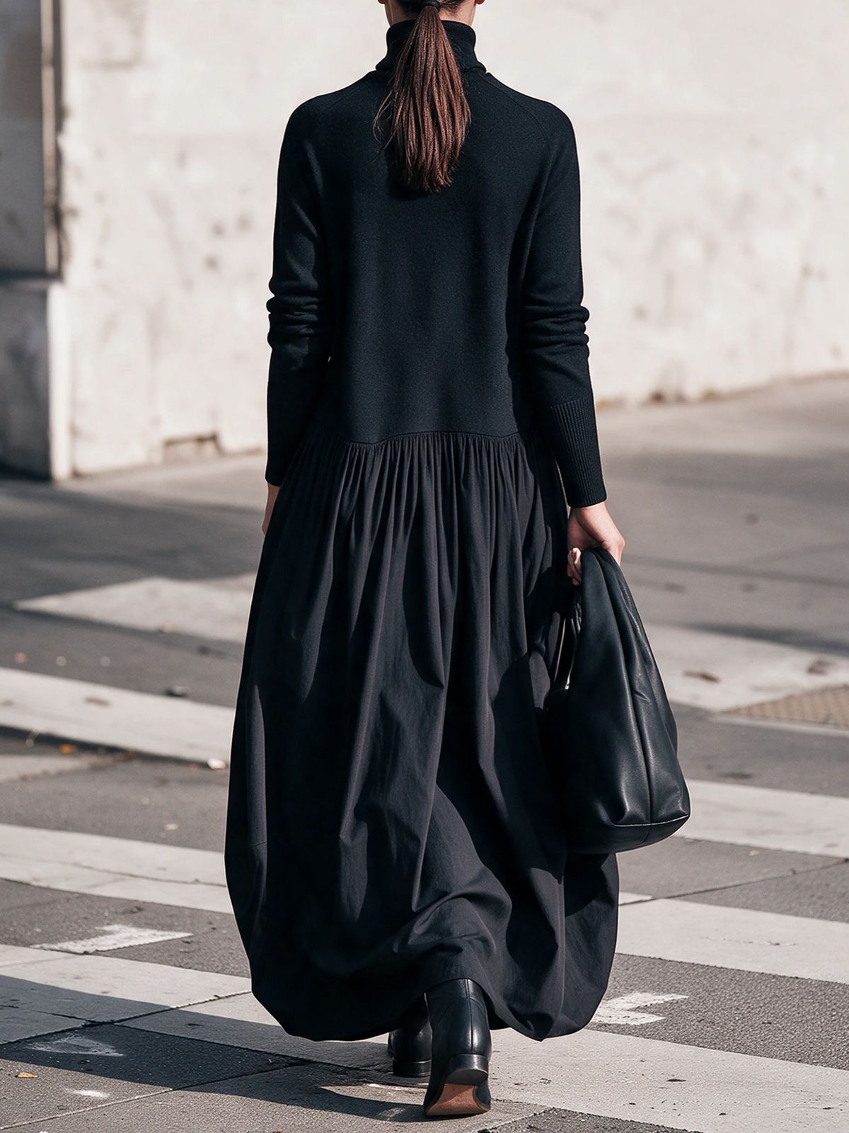 Ana | Oversized Black Maxi Dress with High Collar and Pockets