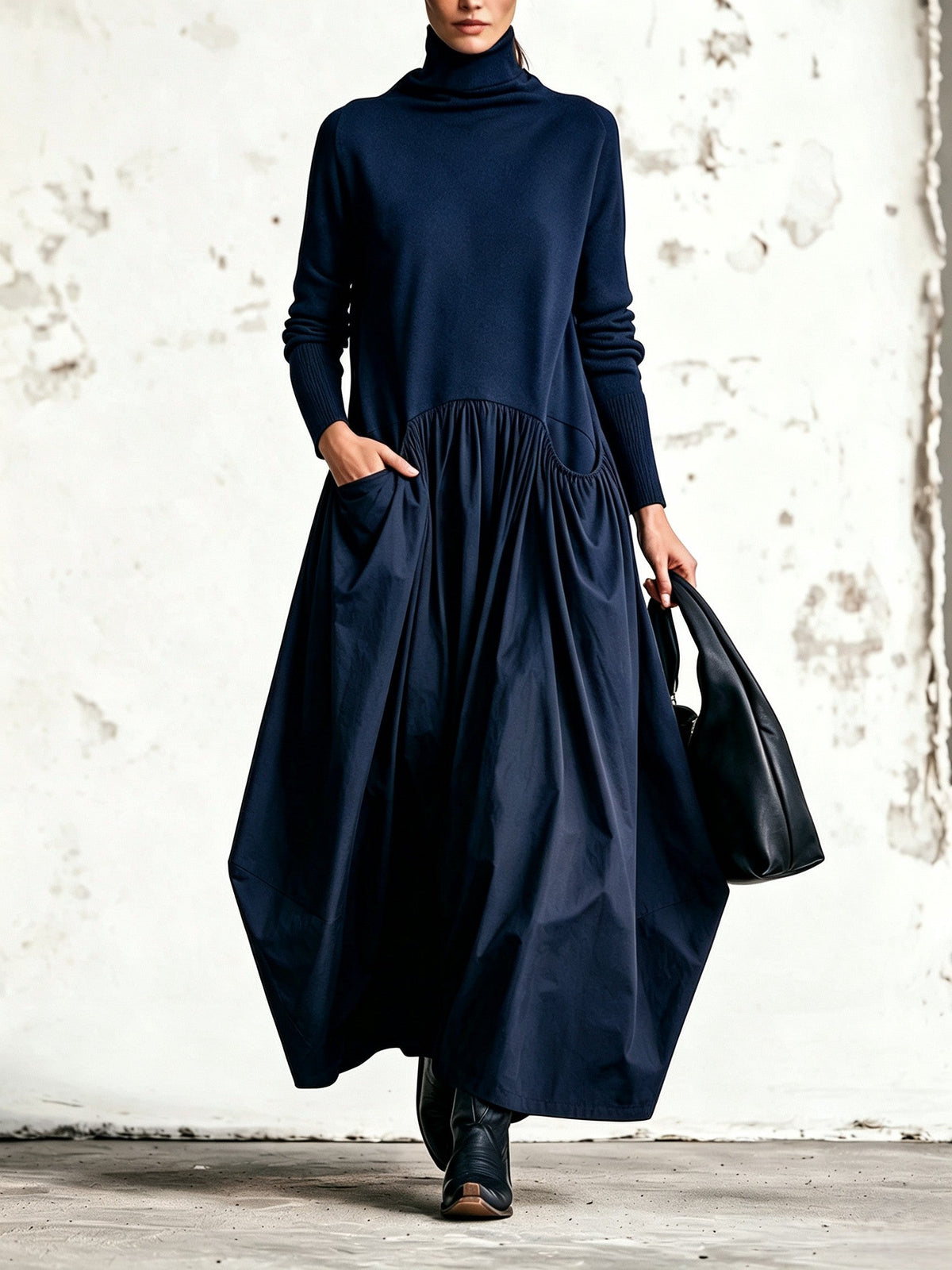 Ana | Oversized Black Maxi Dress with High Collar and Pockets
