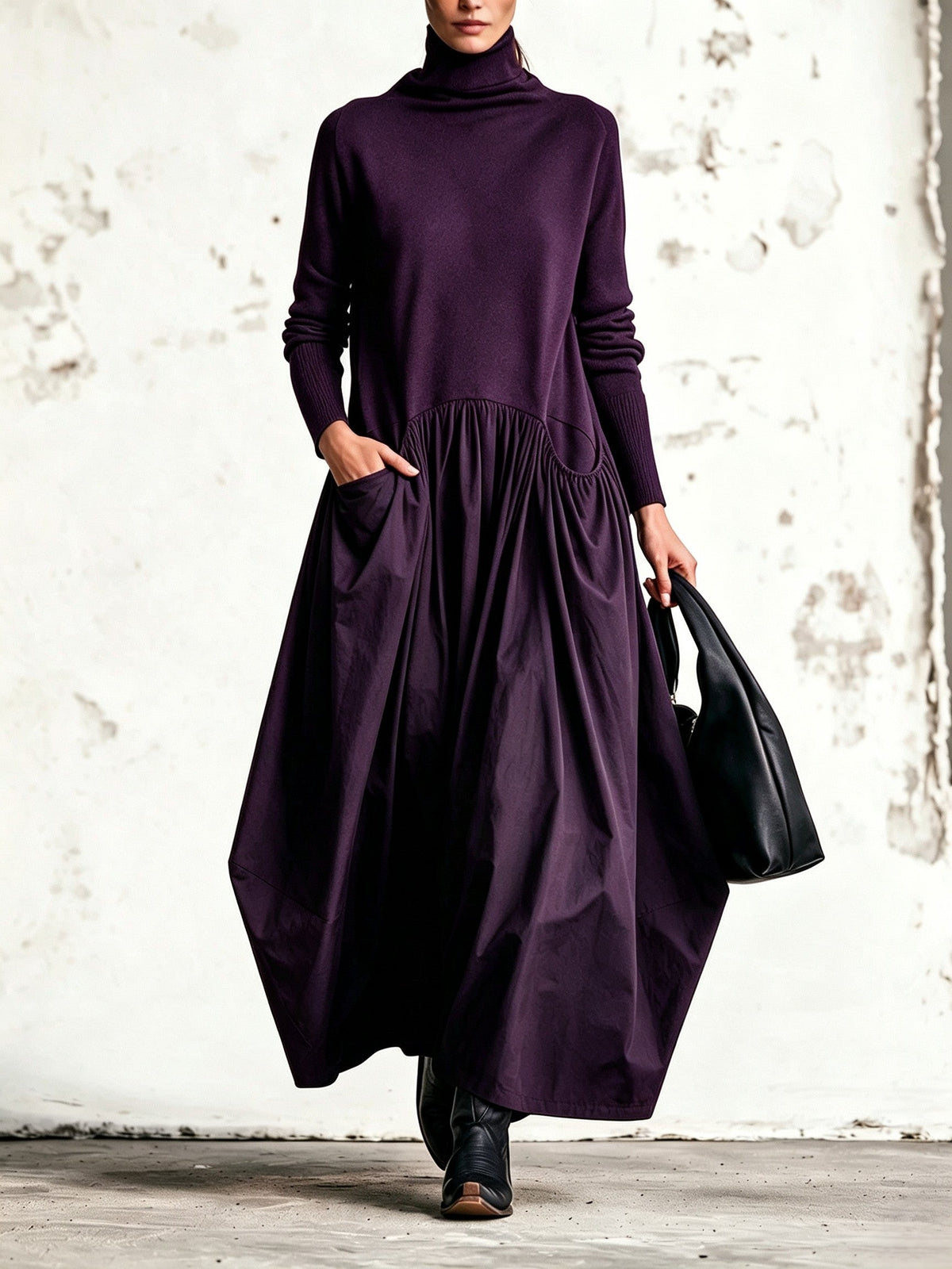 Ana | Oversized Black Maxi Dress with High Collar and Pockets