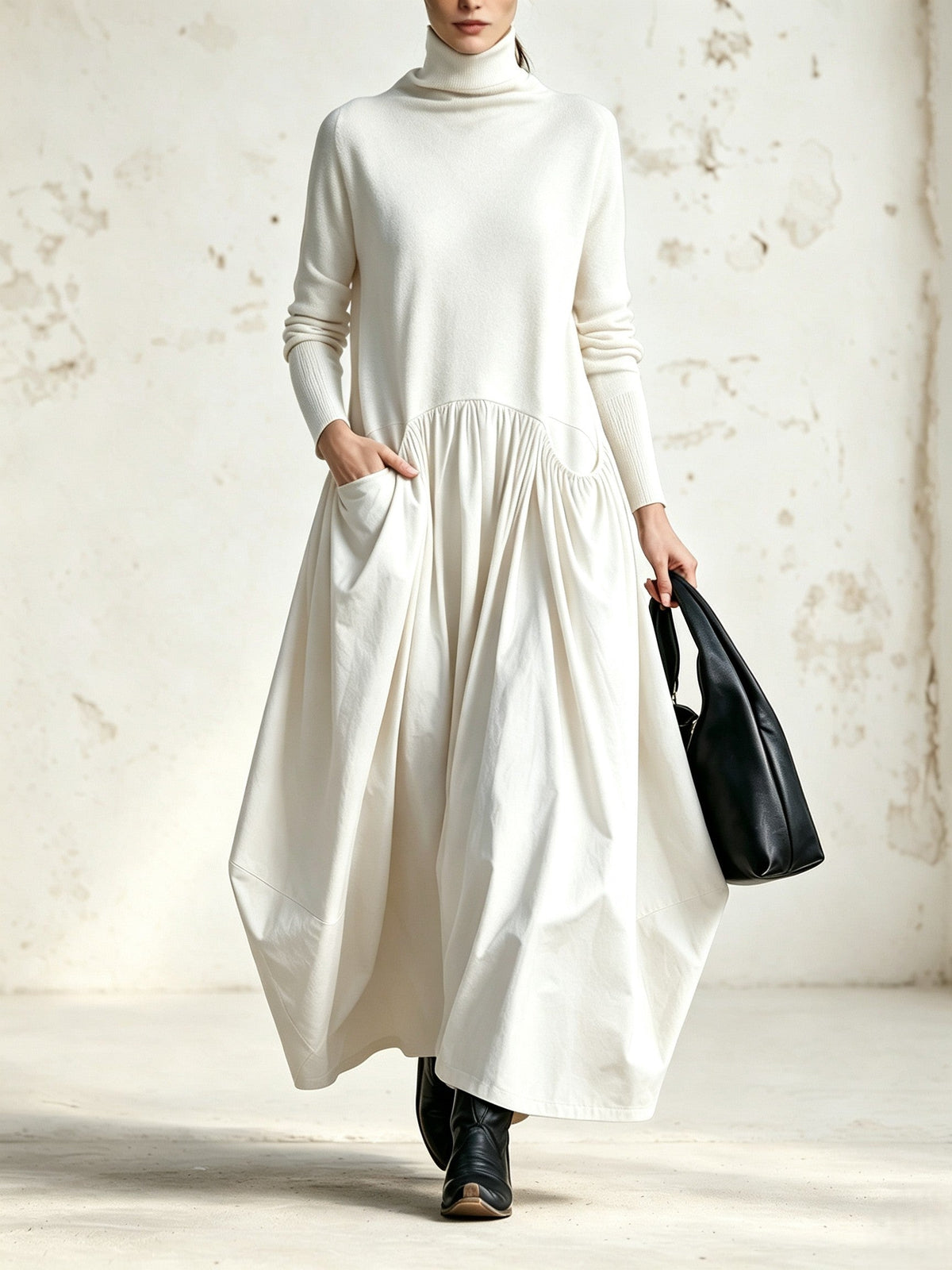 Ana | Oversized Black Maxi Dress with High Collar and Pockets